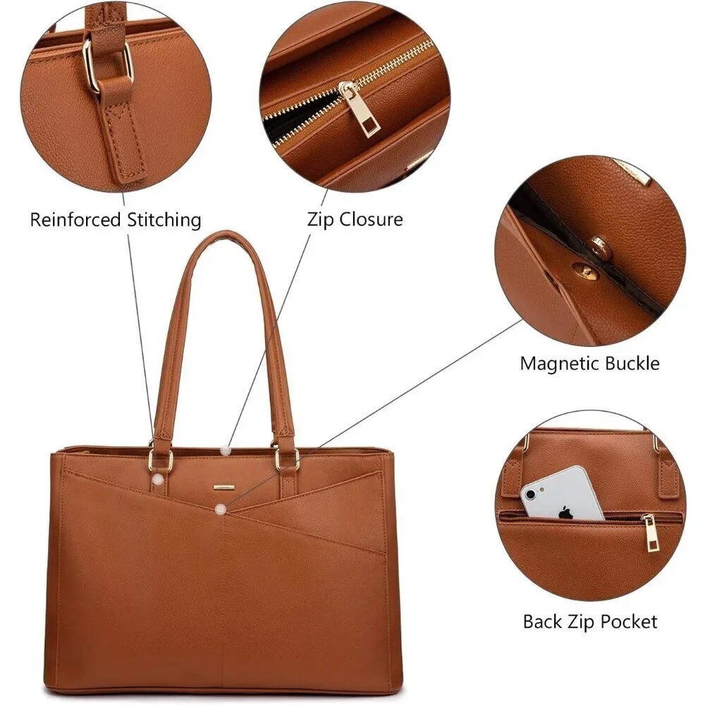 Laptop Tote Bag Waterproof PU Leather 15.6 Inch Women Business Work